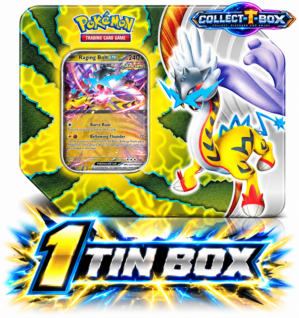 Pokemon Paradox Destinies Raging Bolt EX Tin Box