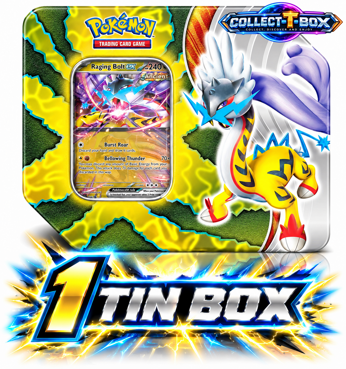 Pokemon Paradox Destinies Raging Bolt EX Tin Box